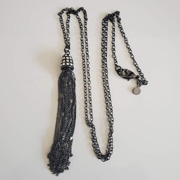 Loft Long Tassel Necklace Black‎ Chain with Rhinestone Accents - Picture 1 of 7
